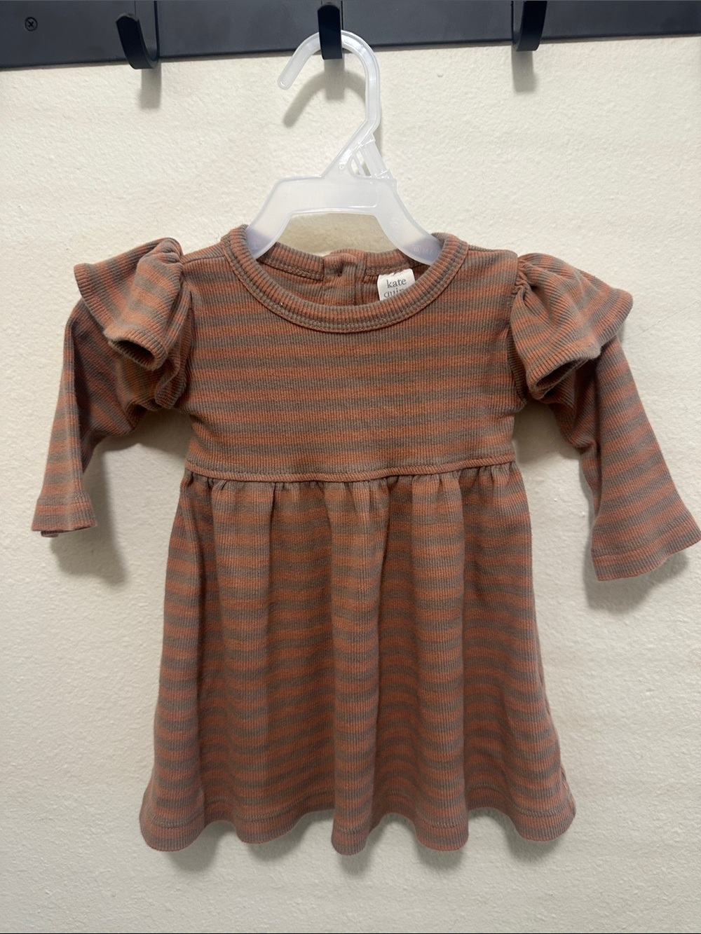 kate quinn Rust and Light Gray Striped Puff- long Sleeve Dress